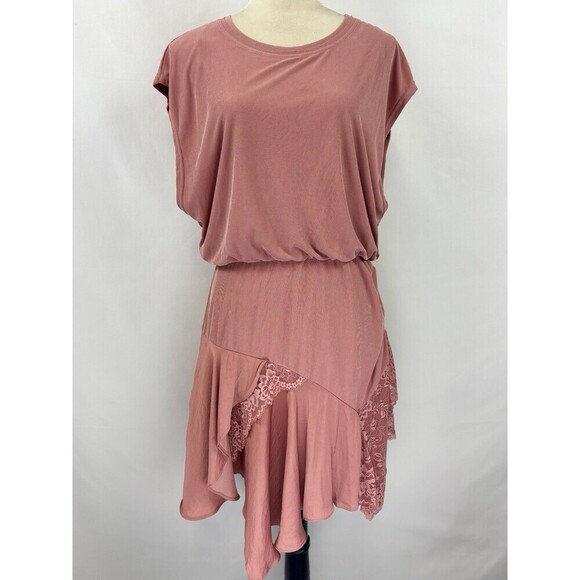 Free People Jazzy Dress Pink Rose Large Blouson Asymmetrical Hemline Lace Boho - Picture 4 of 16
